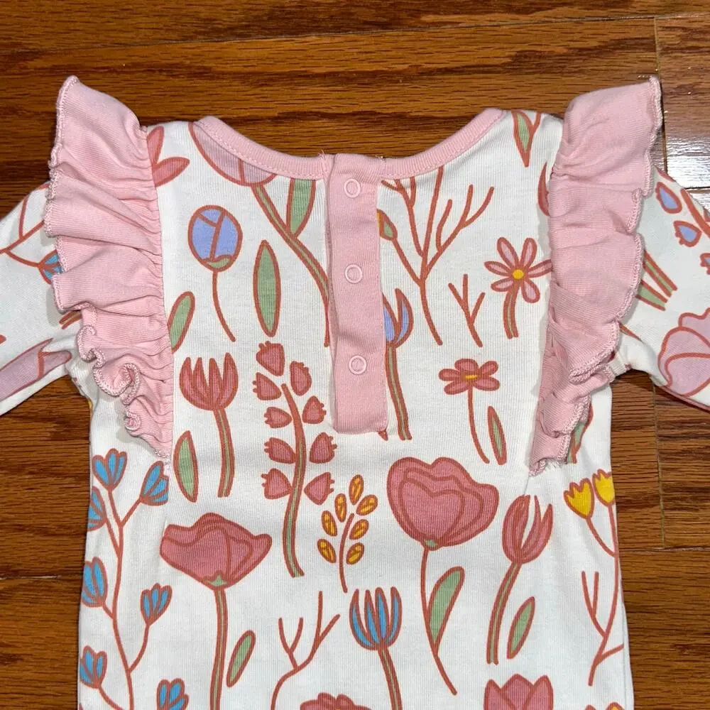 M+A Monica + Andy Pink Floral Organic Cotton Long Sleeve Ruffle Romper Size 3-6M